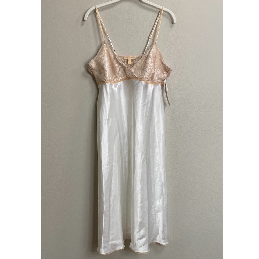 Flora Nikrooz Ivory Satin Chemise Nightgown With Champagne Lace Trim Size Large